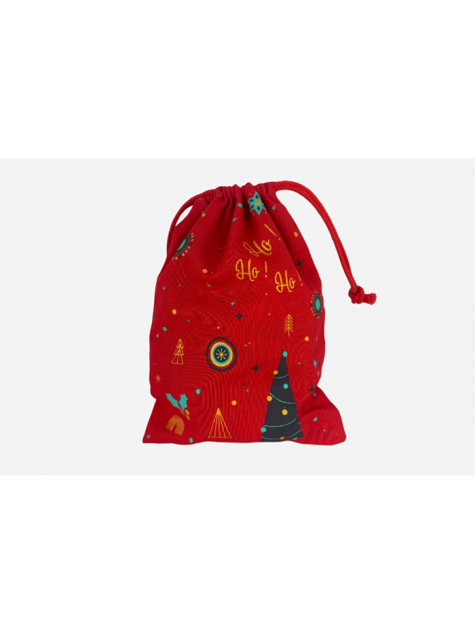 Pochon en tissu aux décors de Noël garni de produits artisanaux