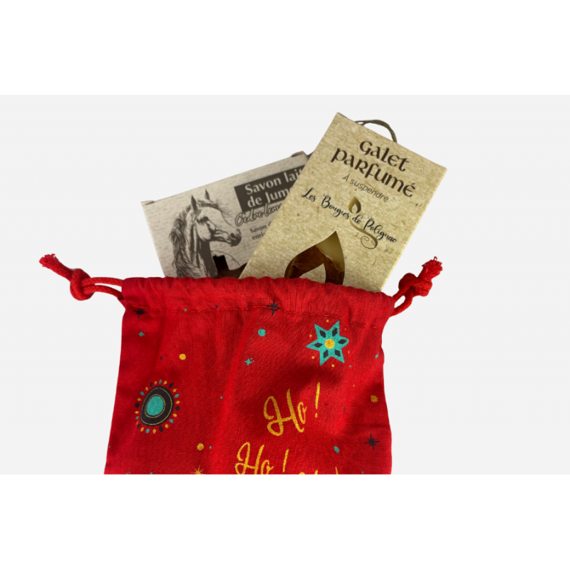 Pochon de Noël avec savon au lait de jument et galet parfumé à l’orange Pochon de Noël avec savon au lait de jument et galet parfumé à l’orange