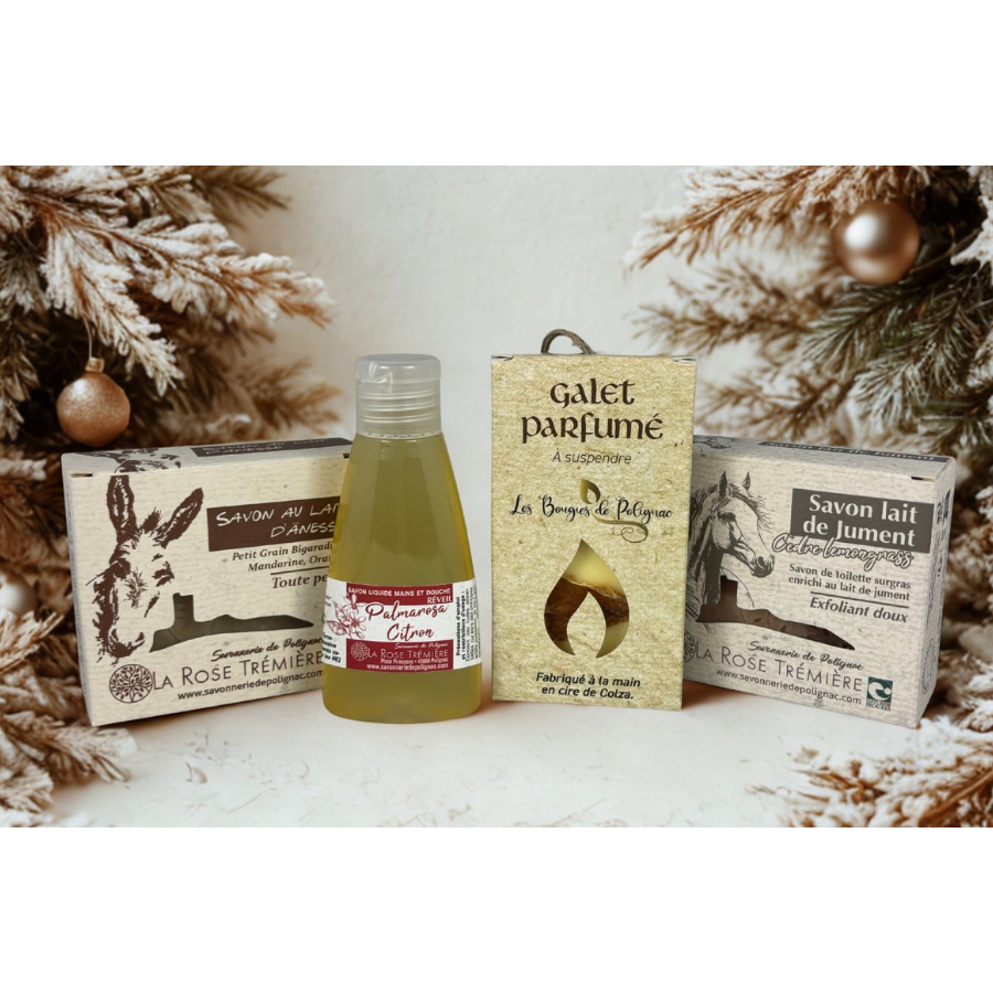 Coffret cadeau artisanal avec savons, gel douche et galet parfumé à l’orange Coffret cadeau artisanal avec savons, gel douche et galet parfumé à l’orange