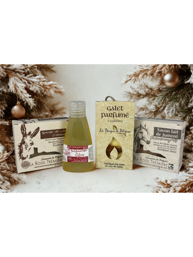 Coffret cadeau artisanal avec savons, gel douche et galet parfumé à l’orange